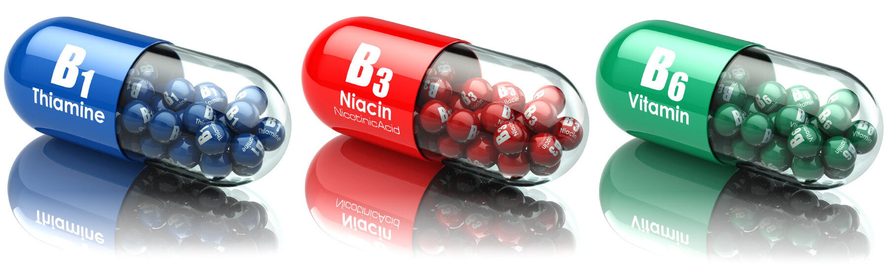 Natural Pharmaceuticals CholestControl™ Kolm kapslit B-vitamiine: B1 tiamiin, B3 niatsiin ja B6 vitamiin, erksates sinises, punases ja rohelises toonis.