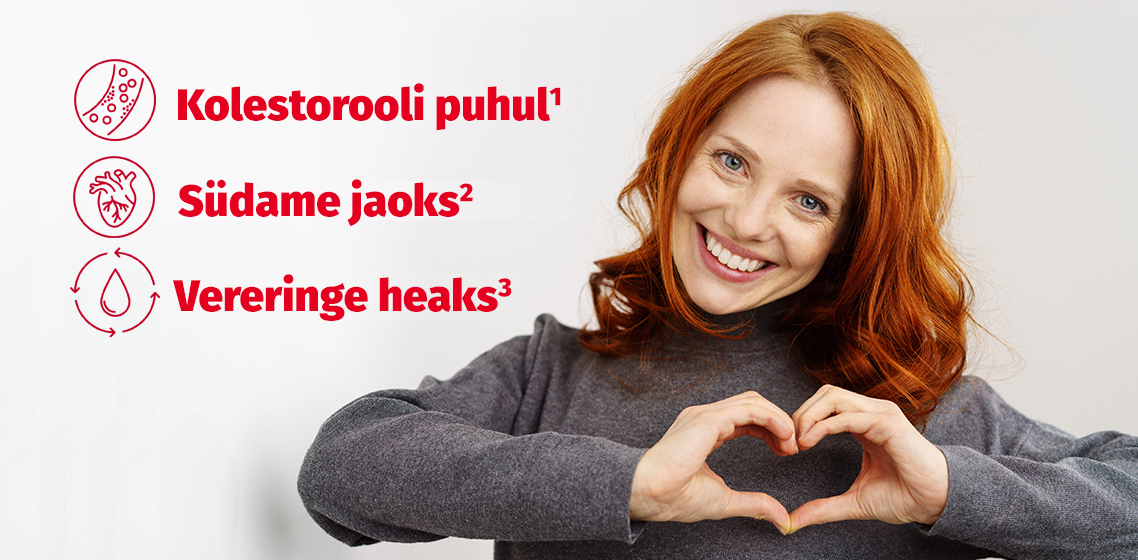 Natural Pharmaceuticals CholestControl™ Naine teeb kätega südamekuju, kõrval on teksti „Kolesterooli puhul“, „Südame jaoks“ ja „Vereringe heaks“ punasekirjalised tervisealased märkused.