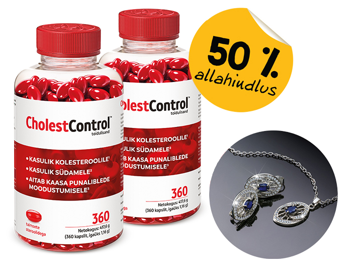 Natural Pharmaceuticals CholestControl™ Kaks CholestControl toidulisandi pudelit ja siniste kalliskividega hõbeehted, pakkumismärgiga 50% allahindlus.