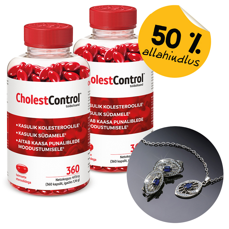 Natural Pharmaceuticals CholestControl™ Kaks pudelit toidulisandit CholestControl™ punaste kapslitega, mis on kirjeldatud kui kasulikud kolesteroolile, südamele ja punaste vereliblede tootmisele. Kollasel kleebisel on kiri „50% allahindlus”. Paremas alumises nurgas on foto hõbedast ehtest tumesiniste kivide ja kristallidega.
