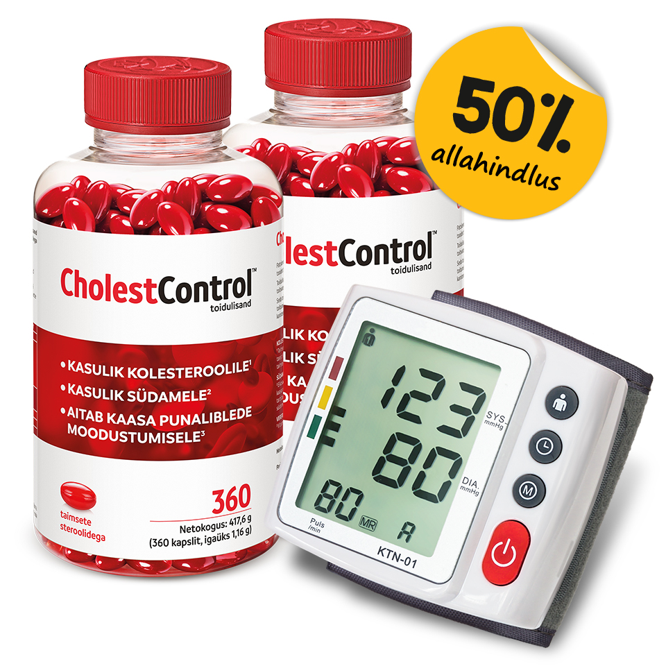 Natural Pharmaceuticals CholestControl™ Kaks pudelit toidulisandit CholestControl™ punaste kapslitega, mis on kirjeldatud kui kasulikud kolesteroolile, südamele ja punaste vereliblede tootmisele. Kollasel kleebisel on kiri „50% allahindlus”. Paremas alumises nurgas on foto hõbedast ehtest tumesiniste kivide ja kristallidega.